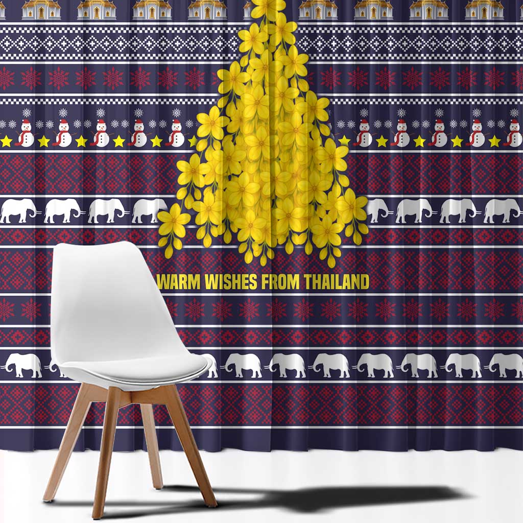 Thailand Christmas Window Curtain with Yellow Flower Tree Garuda Emblem and Elephant Holiday - Wonder Print Shop