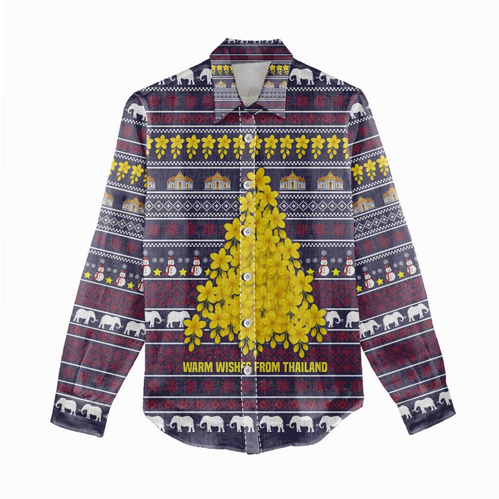 Thailand Christmas Women Casual Shirt with Yellow Flower Tree Garuda Emblem and Elephant Holiday - Wonder Print Shop