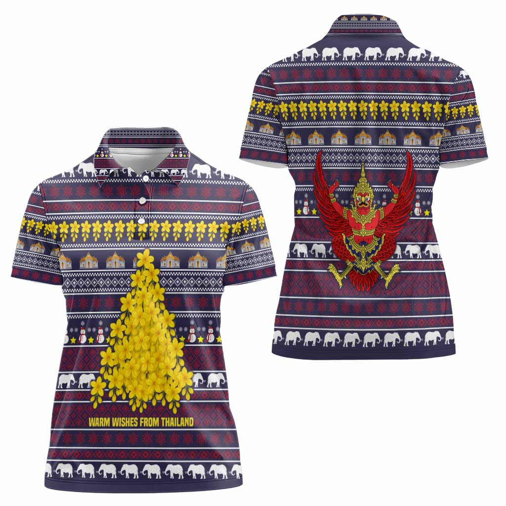 Thailand Christmas Women Polo Shirt with Yellow Flower Tree Garuda Emblem and Elephant Holiday - Wonder Print Shop
