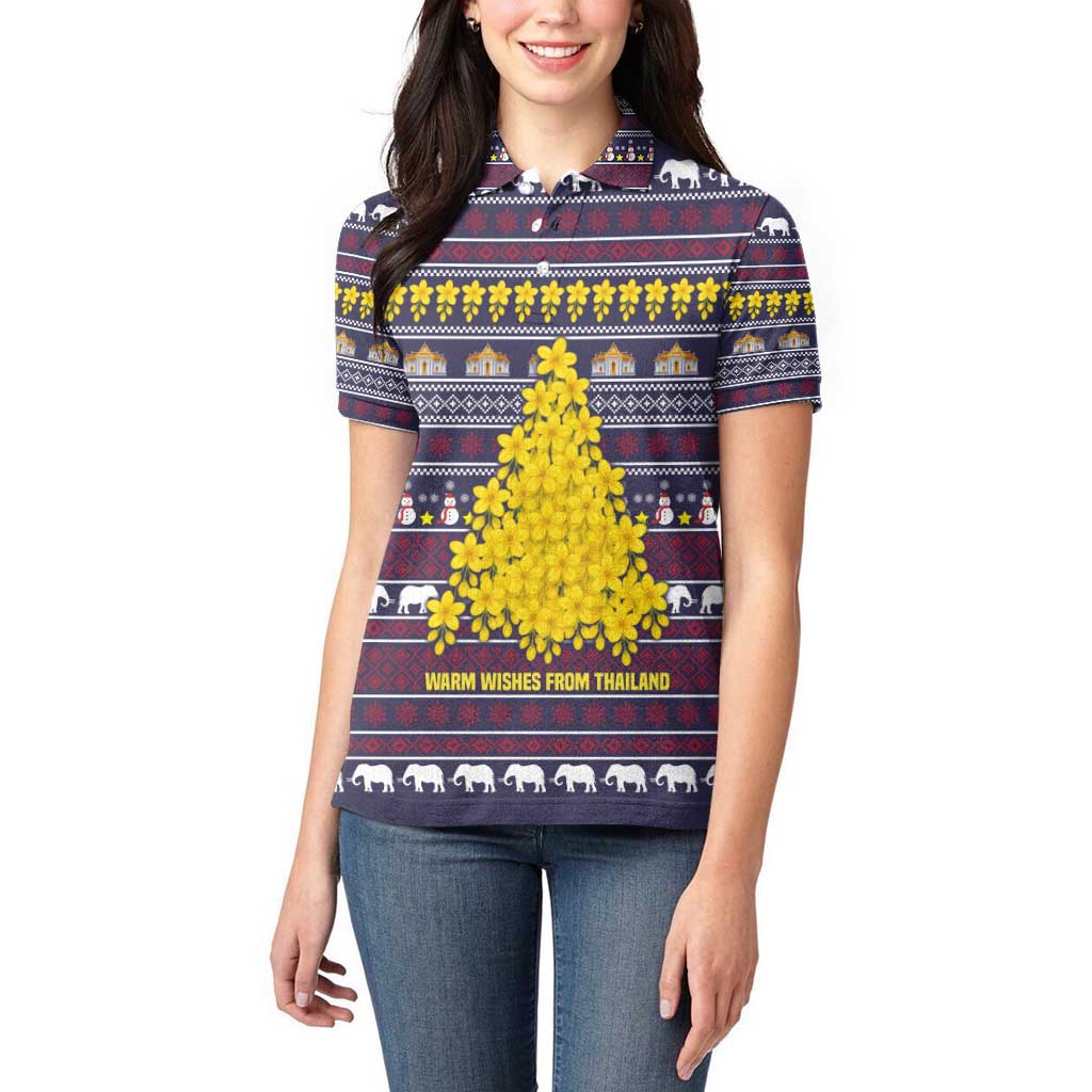 Thailand Christmas Women Polo Shirt with Yellow Flower Tree Garuda Emblem and Elephant Holiday - Wonder Print Shop