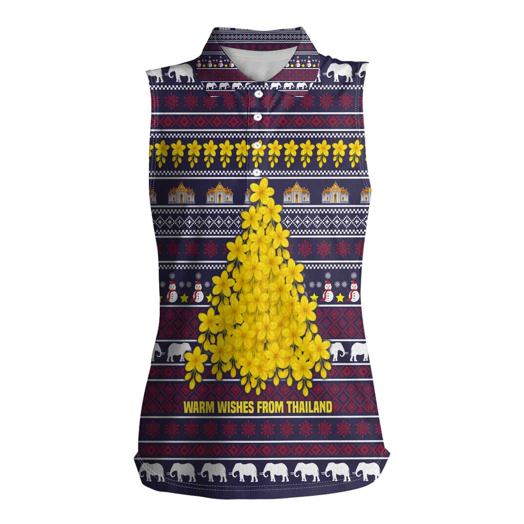 Thailand Christmas Women Sleeveless Polo Shirt with Yellow Flower Tree Garuda Emblem and Elephant Holiday - Wonder Print Shop