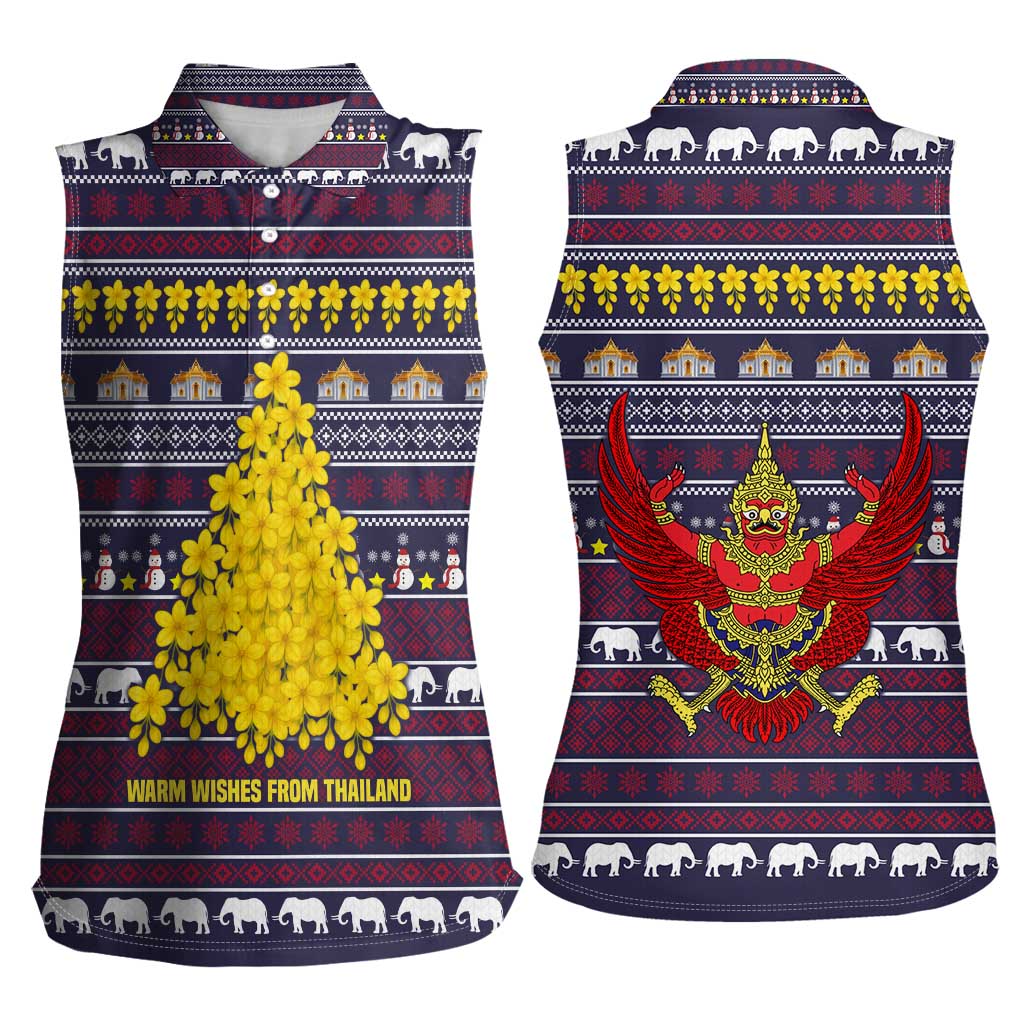 Thailand Christmas Women Sleeveless Polo Shirt with Yellow Flower Tree Garuda Emblem and Elephant Holiday - Wonder Print Shop