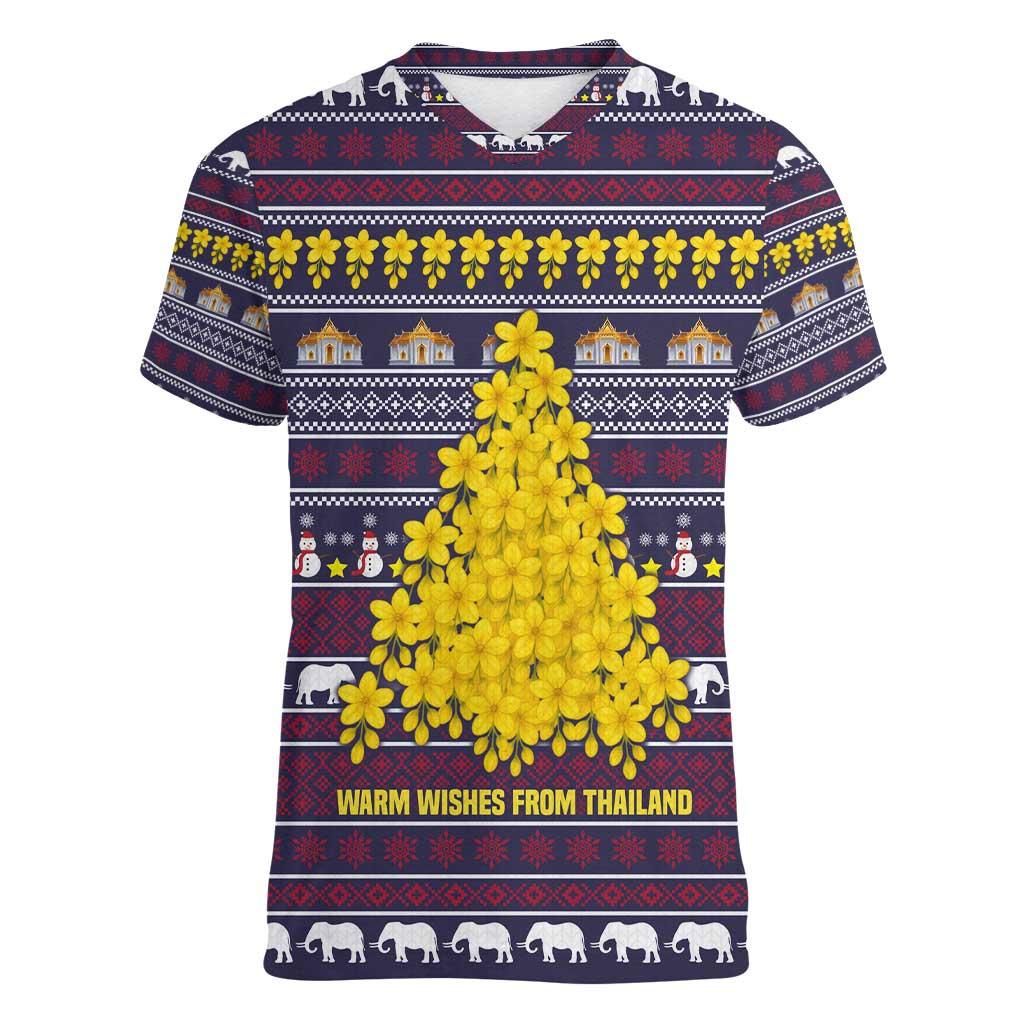 Thailand Christmas Women V-Neck T-Shirt with Yellow Flower Tree Garuda Emblem and Elephant Holiday - Wonder Print Shop