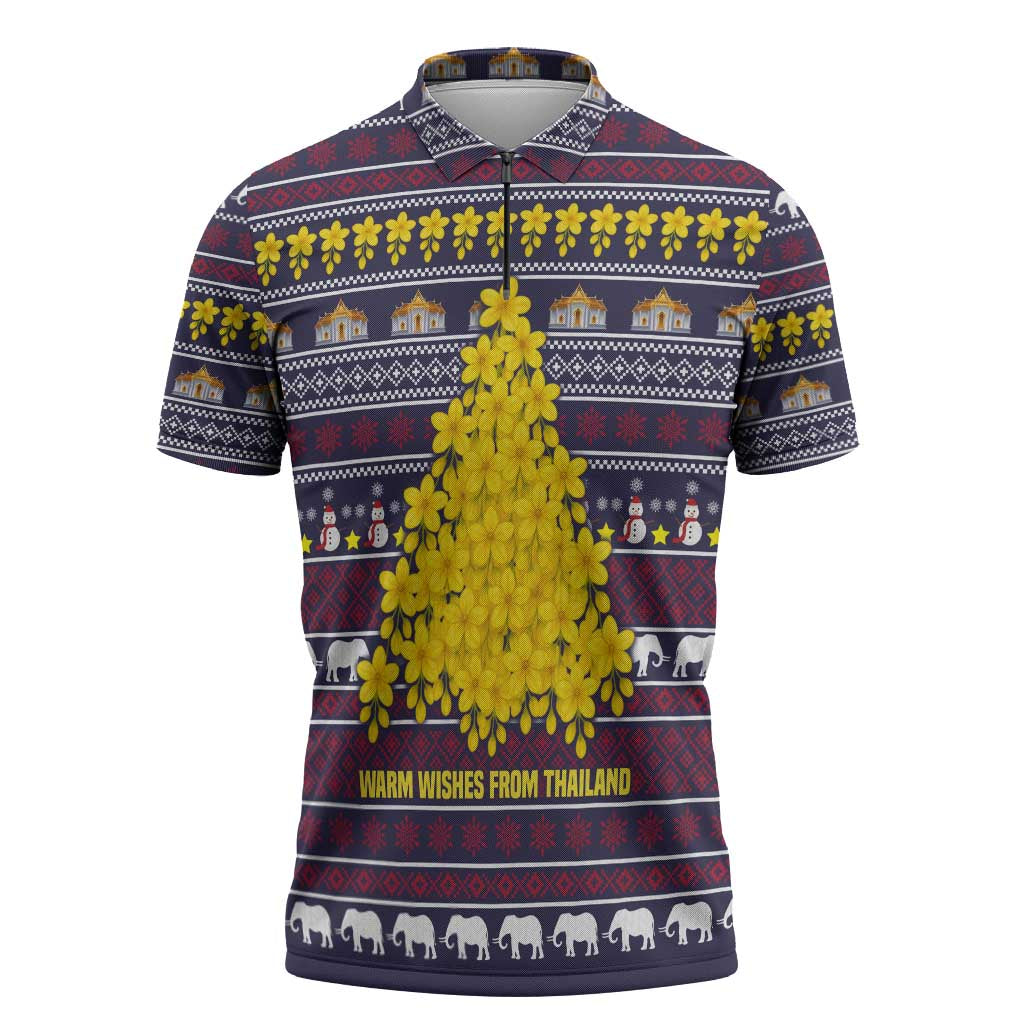 Thailand Christmas Zipper Polo Shirt with Yellow Flower Tree Garuda Emblem and Elephant Holiday - Wonder Print Shop
