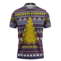 Thailand Christmas Zipper Polo Shirt with Yellow Flower Tree Garuda Emblem and Elephant Holiday - Wonder Print Shop