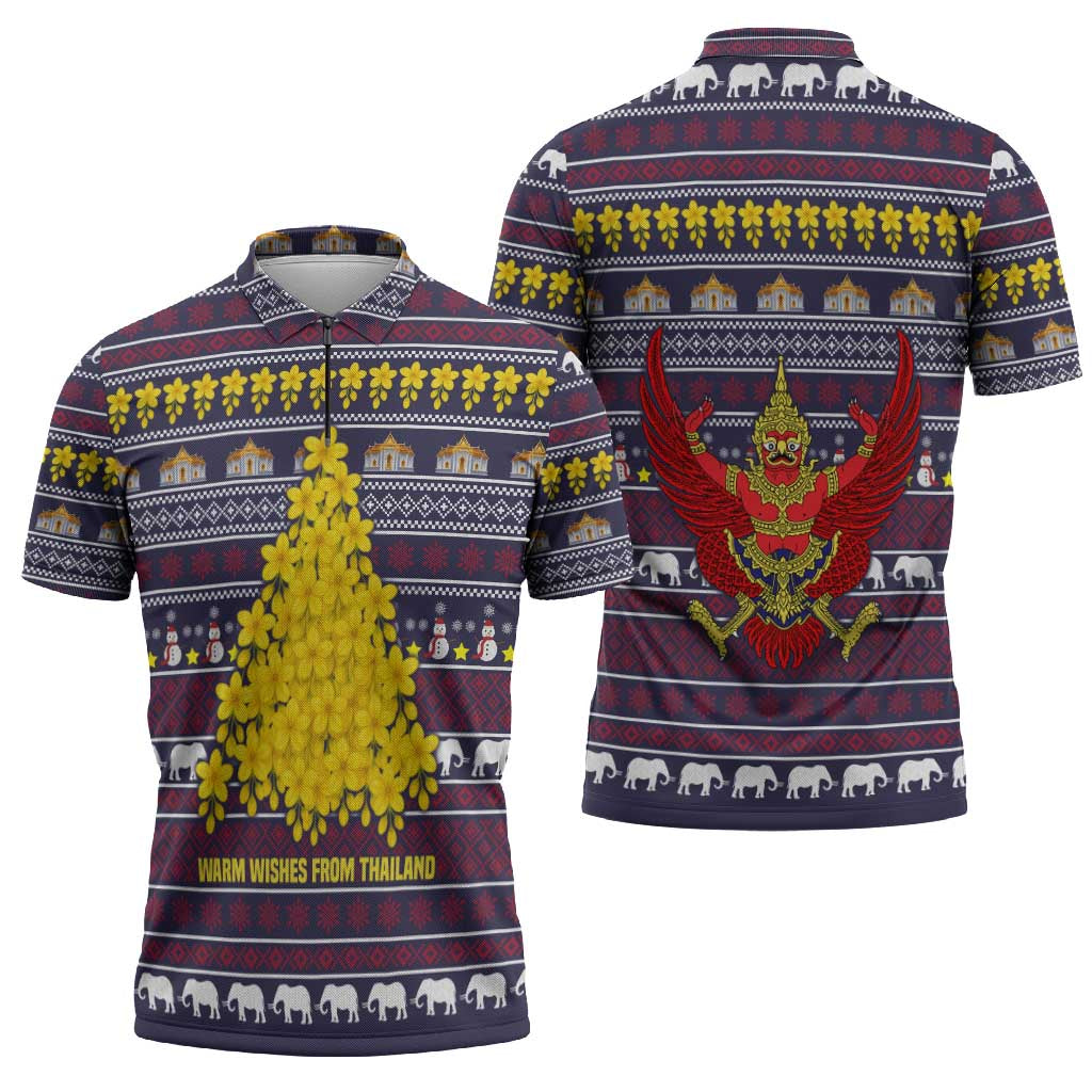 Thailand Christmas Zipper Polo Shirt with Yellow Flower Tree Garuda Emblem and Elephant Holiday - Wonder Print Shop