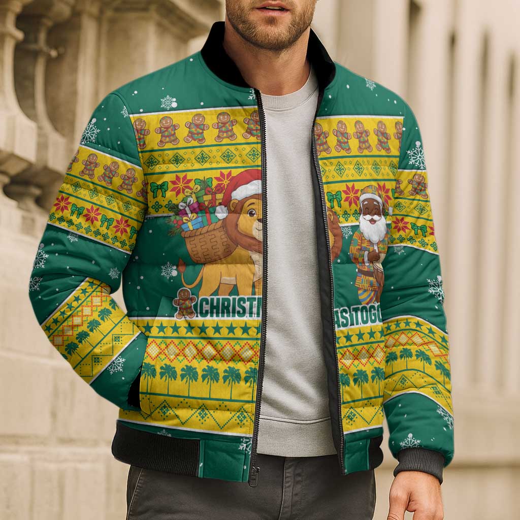Togo Christmas Bomber Puffer Jacket with Santa Lion Drummer Gingerbread and National Emblem - Wonder Print Shop