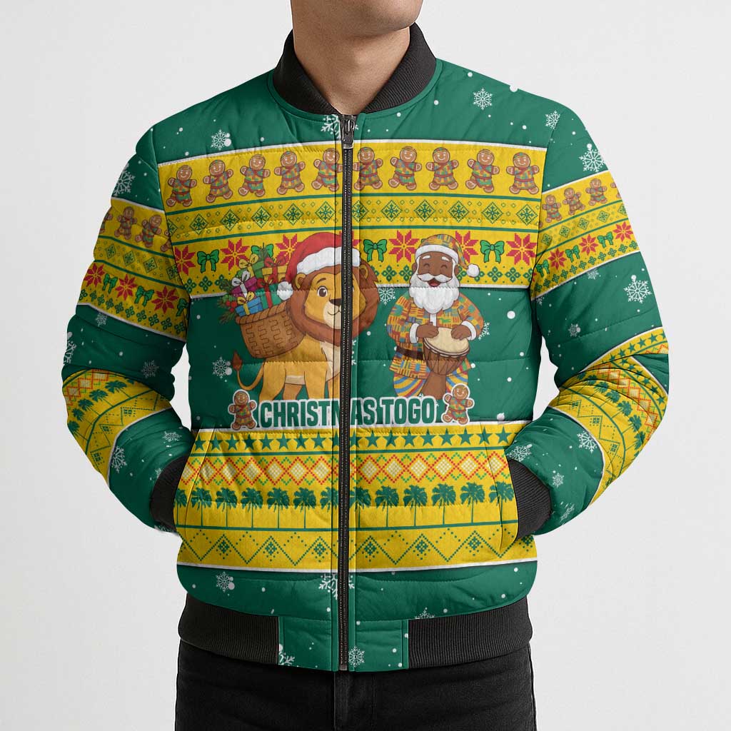 Togo Christmas Bomber Puffer Jacket with Santa Lion Drummer Gingerbread and National Emblem - Wonder Print Shop