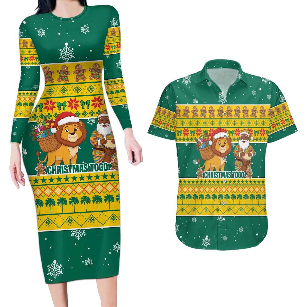 Togo Christmas Couples Matching Long Sleeve Bodycon Dress and Hawaiian Shirt with Santa Lion Drummer Gingerbread and National Emblem - Wonder Print Shop