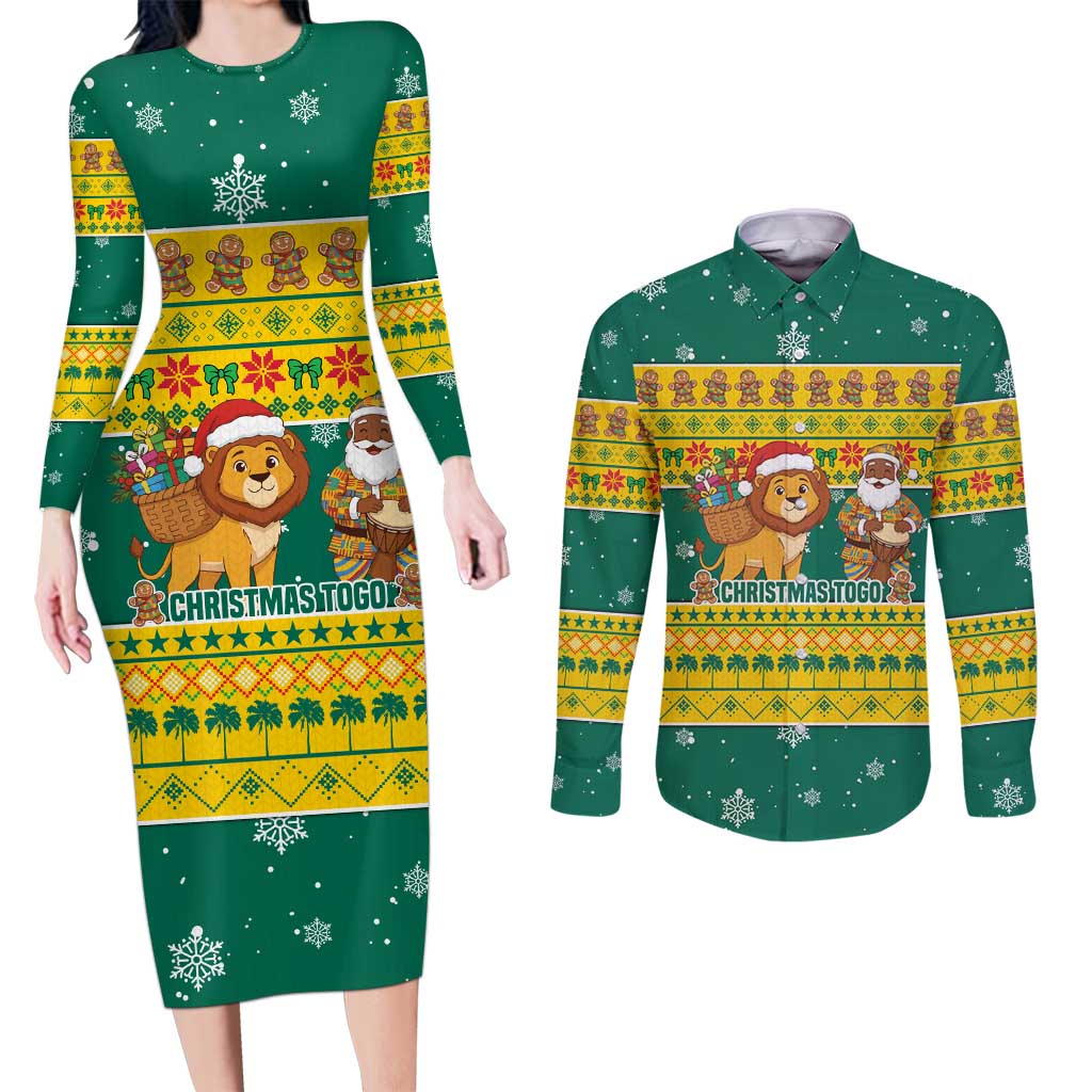 Togo Christmas Couples Matching Long Sleeve Bodycon Dress and Long Sleeve Button Shirt with Santa Lion Drummer Gingerbread and National Emblem - Wonder Print Shop
