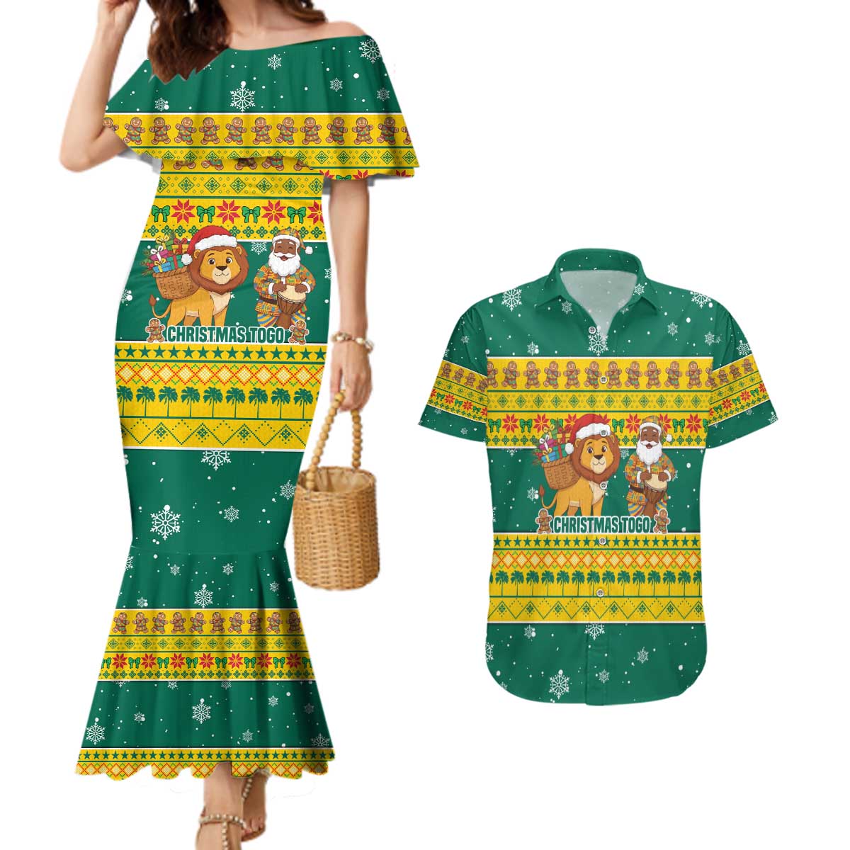 Togo Christmas Couples Matching Mermaid Dress and Hawaiian Shirt with Santa Lion Drummer Gingerbread and National Emblem - Wonder Print Shop