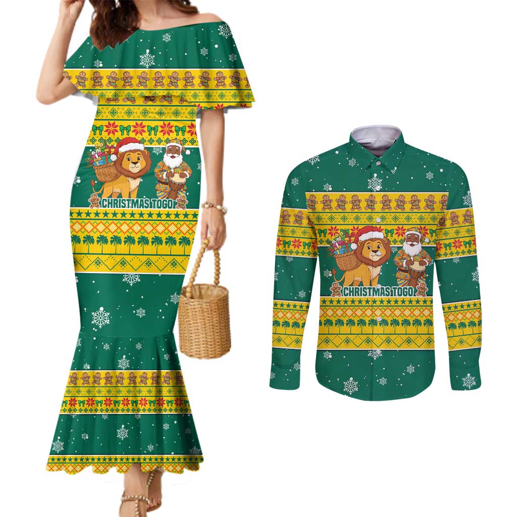 Togo Christmas Couples Matching Mermaid Dress and Long Sleeve Button Shirt with Santa Lion Drummer Gingerbread and National Emblem - Wonder Print Shop