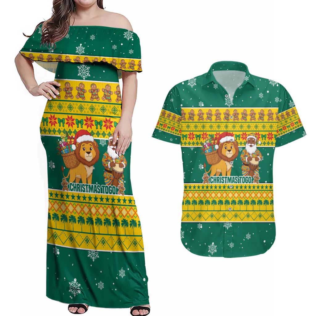 Togo Christmas Couples Matching Off Shoulder Maxi Dress and Hawaiian Shirt with Santa Lion Drummer Gingerbread and National Emblem - Wonder Print Shop