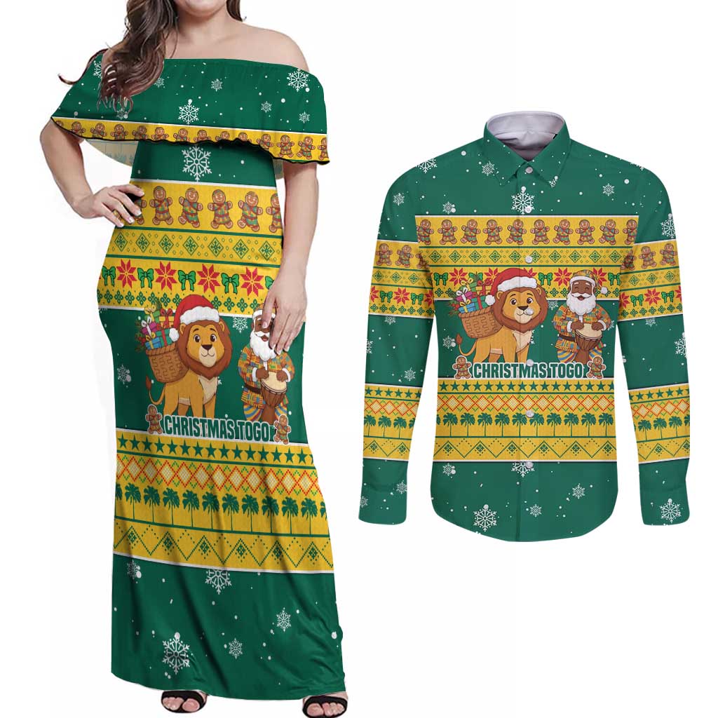 Togo Christmas Couples Matching Off Shoulder Maxi Dress and Long Sleeve Button Shirt with Santa Lion Drummer Gingerbread and National Emblem - Wonder Print Shop