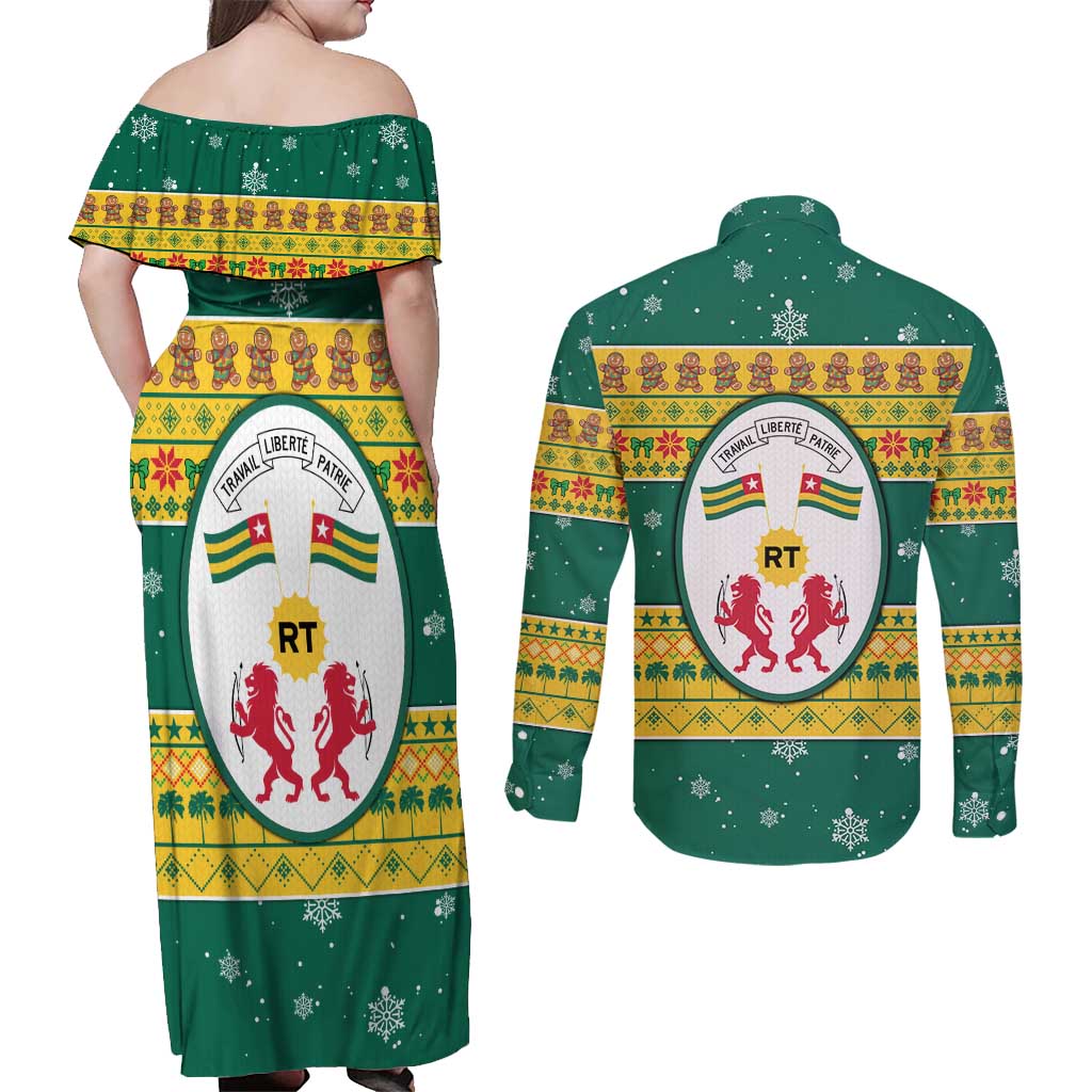 Togo Christmas Couples Matching Off Shoulder Maxi Dress and Long Sleeve Button Shirt with Santa Lion Drummer Gingerbread and National Emblem - Wonder Print Shop