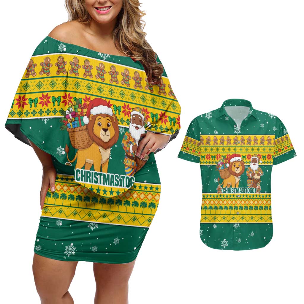 Togo Christmas Couples Matching Off Shoulder Short Dress and Hawaiian Shirt with Santa Lion Drummer Gingerbread and National Emblem - Wonder Print Shop