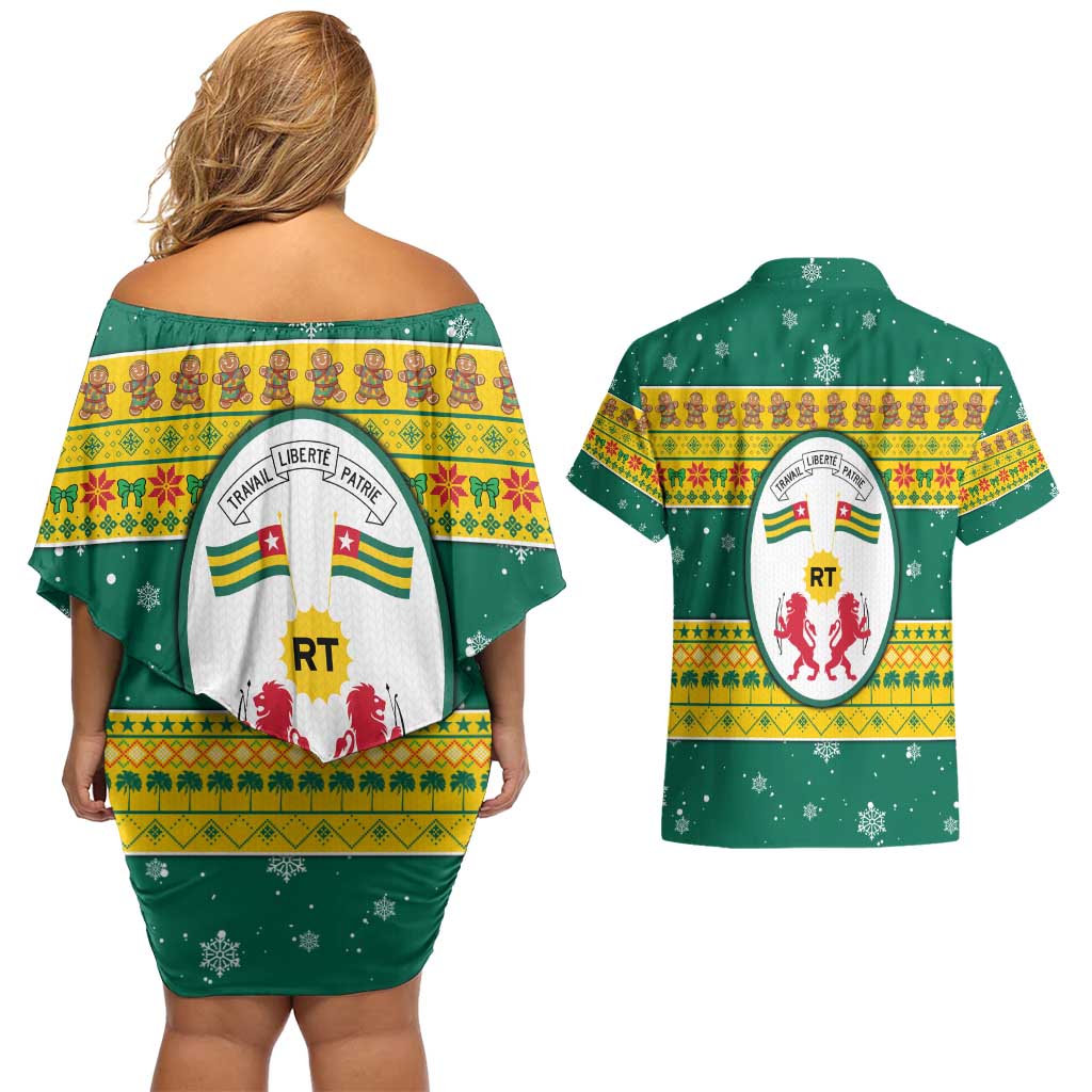 Togo Christmas Couples Matching Off Shoulder Short Dress and Hawaiian Shirt with Santa Lion Drummer Gingerbread and National Emblem - Wonder Print Shop