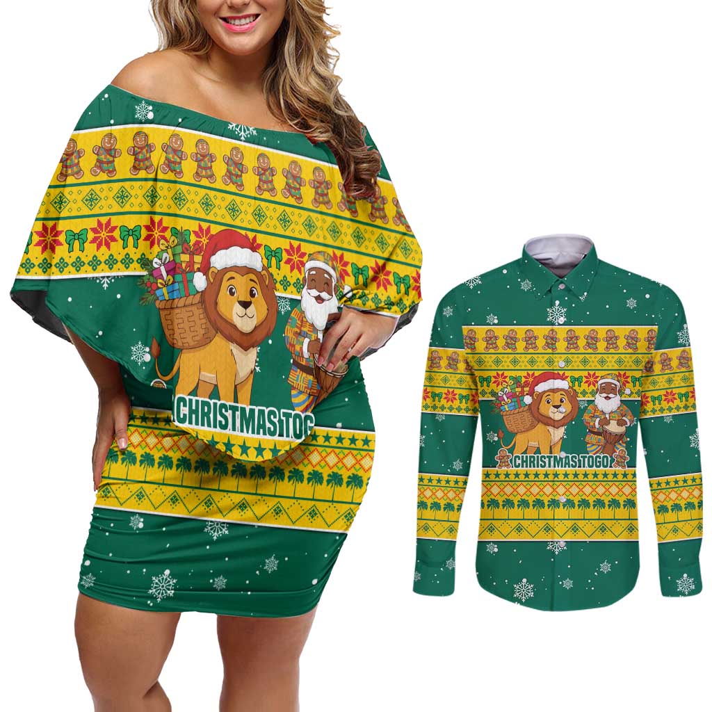 Togo Christmas Couples Matching Off Shoulder Short Dress and Long Sleeve Button Shirt with Santa Lion Drummer Gingerbread and National Emblem - Wonder Print Shop