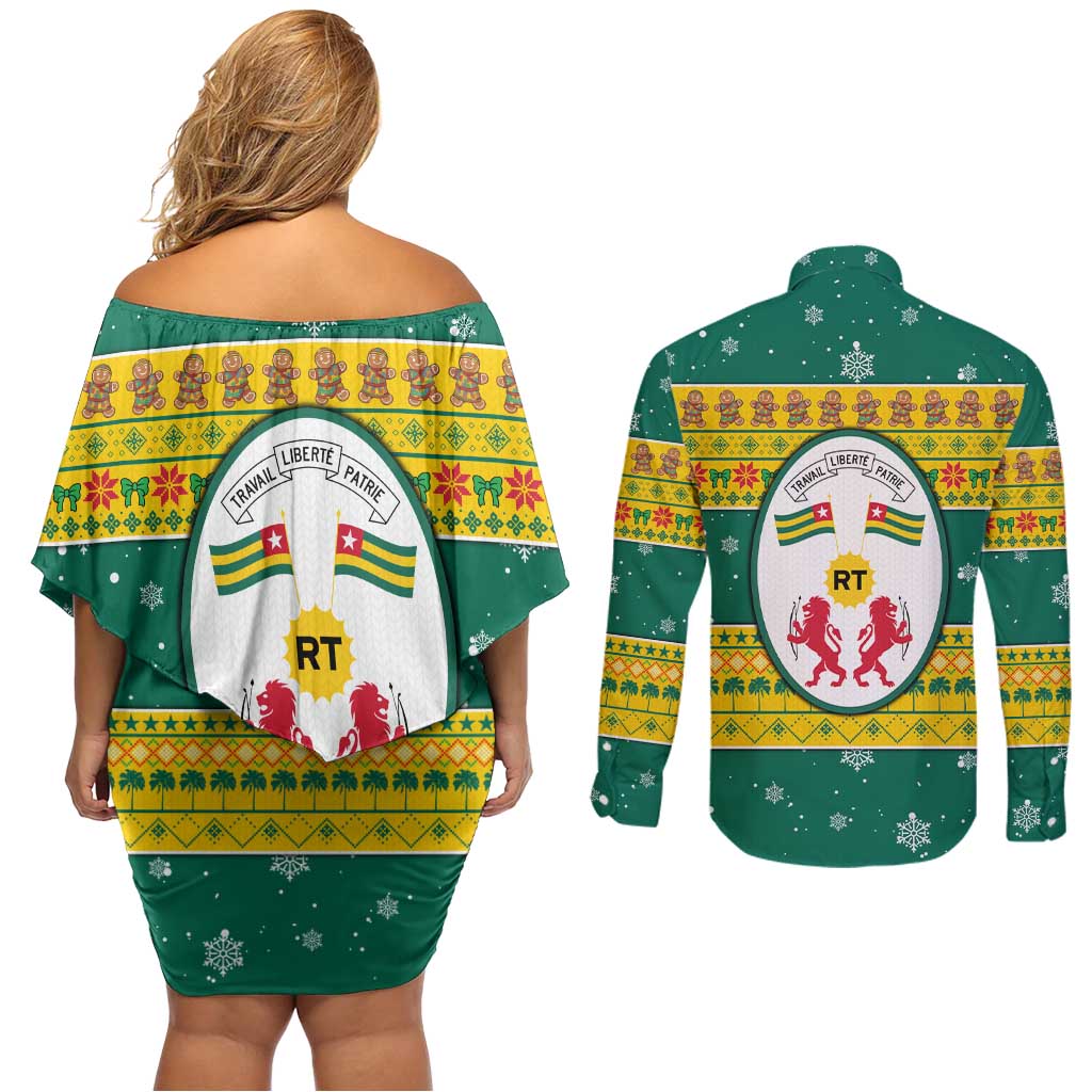 Togo Christmas Couples Matching Off Shoulder Short Dress and Long Sleeve Button Shirt with Santa Lion Drummer Gingerbread and National Emblem - Wonder Print Shop