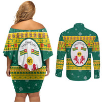 Togo Christmas Couples Matching Off Shoulder Short Dress and Long Sleeve Button Shirt with Santa Lion Drummer Gingerbread and National Emblem - Wonder Print Shop