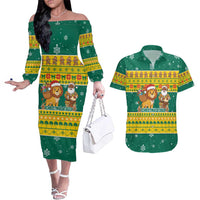 Togo Christmas Couples Matching Off The Shoulder Long Sleeve Dress and Hawaiian Shirt with Santa Lion Drummer Gingerbread and National Emblem - Wonder Print Shop
