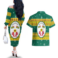 Togo Christmas Couples Matching Off The Shoulder Long Sleeve Dress and Hawaiian Shirt with Santa Lion Drummer Gingerbread and National Emblem - Wonder Print Shop