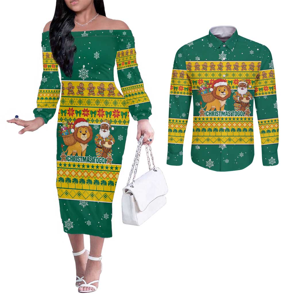 Togo Christmas Couples Matching Off The Shoulder Long Sleeve Dress and Long Sleeve Button Shirt with Santa Lion Drummer Gingerbread and National Emblem - Wonder Print Shop