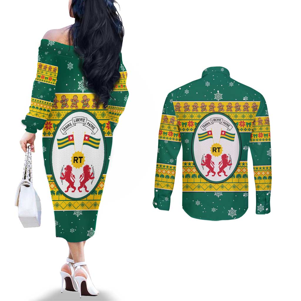 Togo Christmas Couples Matching Off The Shoulder Long Sleeve Dress and Long Sleeve Button Shirt with Santa Lion Drummer Gingerbread and National Emblem - Wonder Print Shop