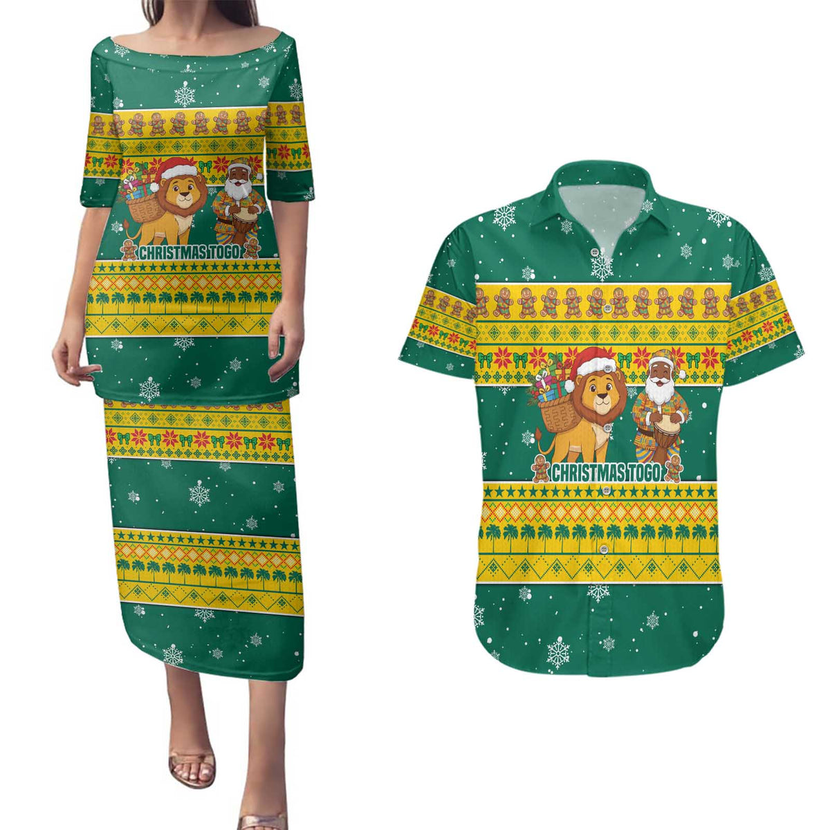 Togo Christmas Couples Matching Puletasi and Hawaiian Shirt with Santa Lion Drummer Gingerbread and National Emblem - Wonder Print Shop