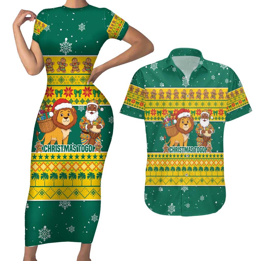 Togo Christmas Couples Matching Short Sleeve Bodycon Dress and Hawaiian Shirt with Santa Lion Drummer Gingerbread and National Emblem - Wonder Print Shop