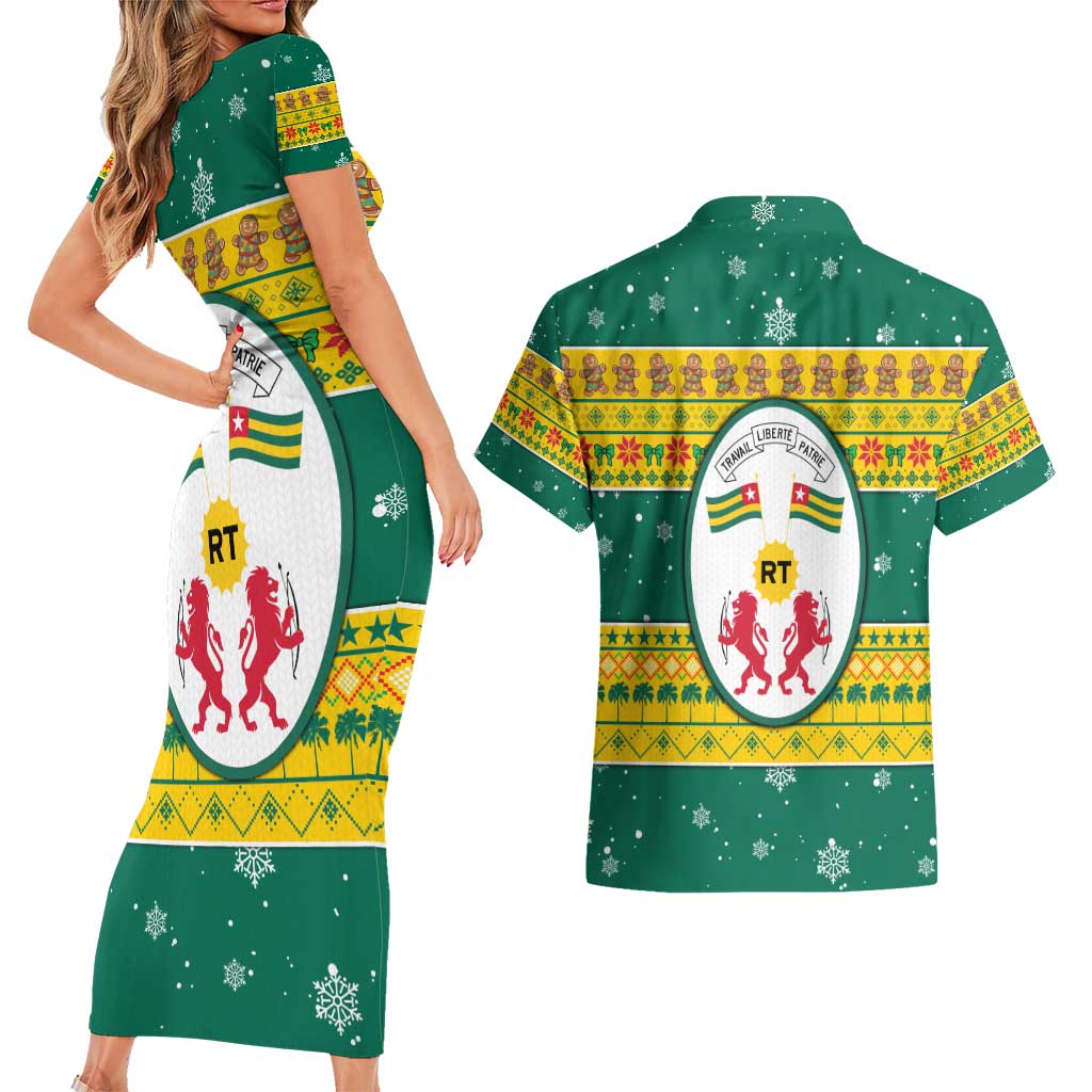 Togo Christmas Couples Matching Short Sleeve Bodycon Dress and Hawaiian Shirt with Santa Lion Drummer Gingerbread and National Emblem - Wonder Print Shop