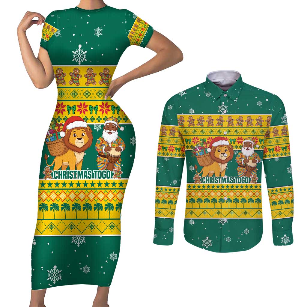 Togo Christmas Couples Matching Short Sleeve Bodycon Dress and Long Sleeve Button Shirt with Santa Lion Drummer Gingerbread and National Emblem - Wonder Print Shop