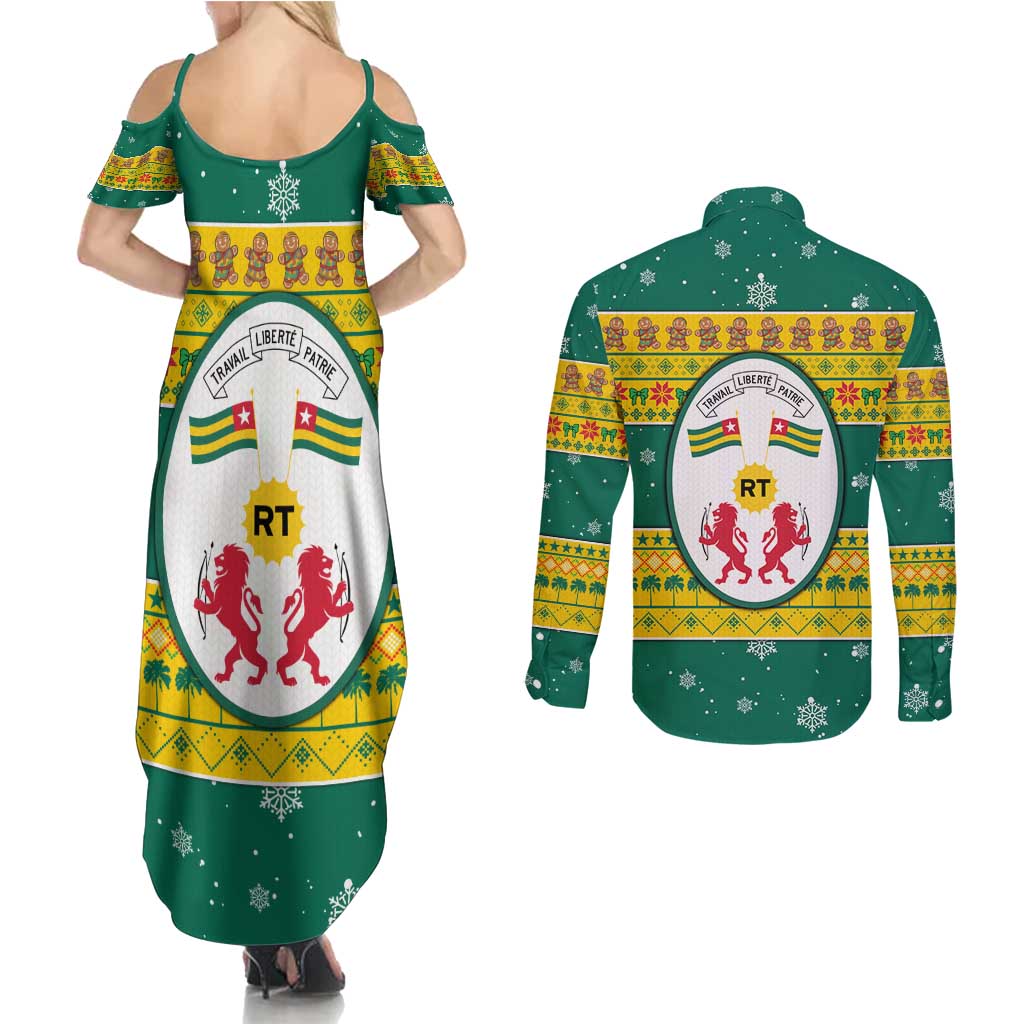 Togo Christmas Couples Matching Summer Maxi Dress and Long Sleeve Button Shirt with Santa Lion Drummer Gingerbread and National Emblem - Wonder Print Shop