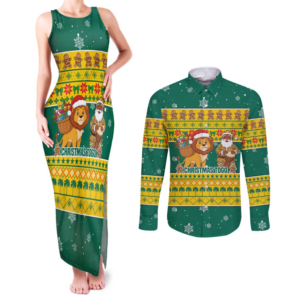 Togo Christmas Couples Matching Tank Maxi Dress and Long Sleeve Button Shirt with Santa Lion Drummer Gingerbread and National Emblem - Wonder Print Shop