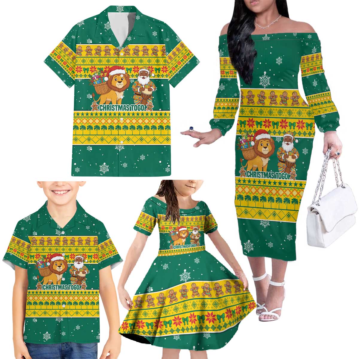 Togo Christmas Family Matching Off The Shoulder Long Sleeve Dress and Hawaiian Shirt with Santa Lion Drummer Gingerbread and National Emblem - Wonder Print Shop