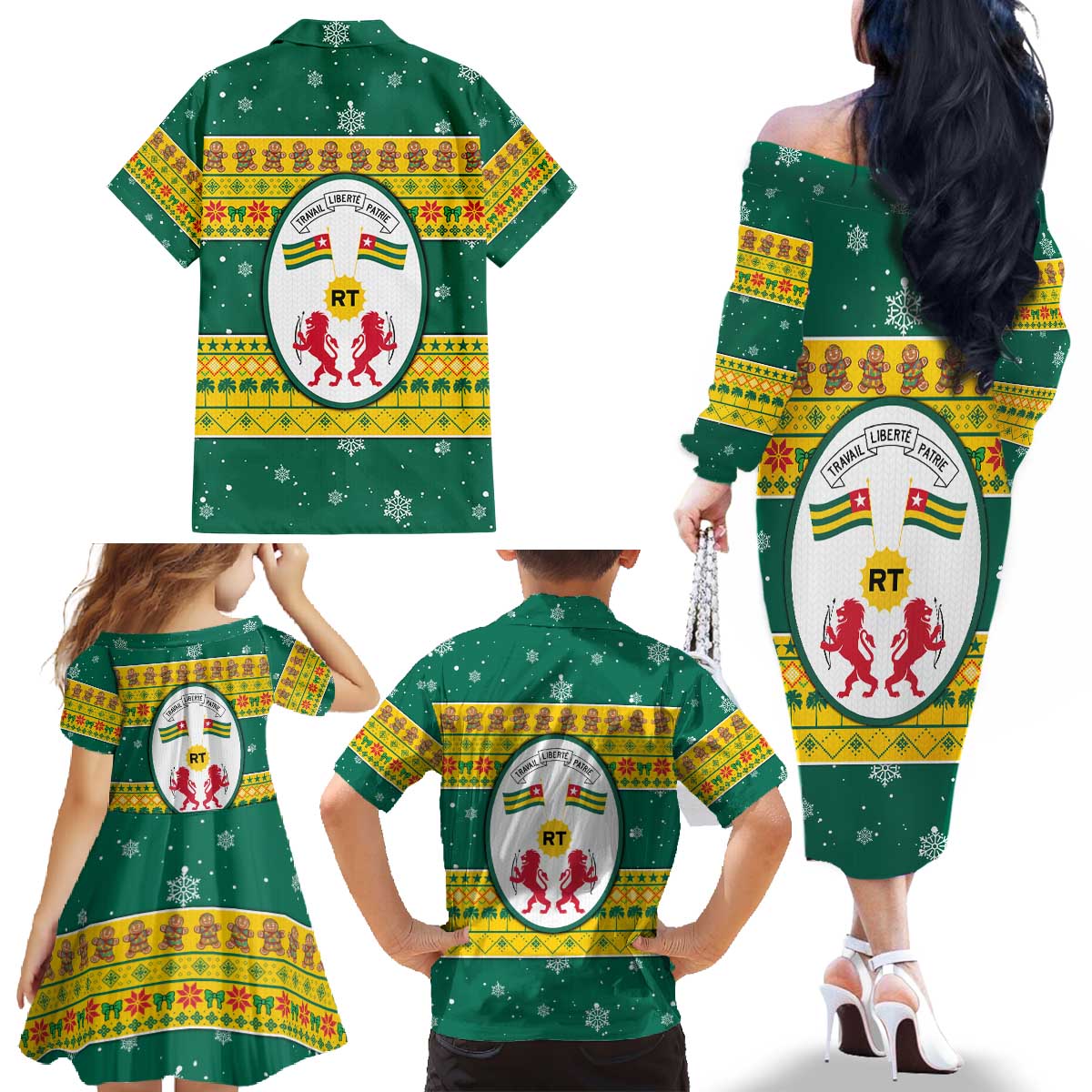 Togo Christmas Family Matching Off The Shoulder Long Sleeve Dress and Hawaiian Shirt with Santa Lion Drummer Gingerbread and National Emblem - Wonder Print Shop