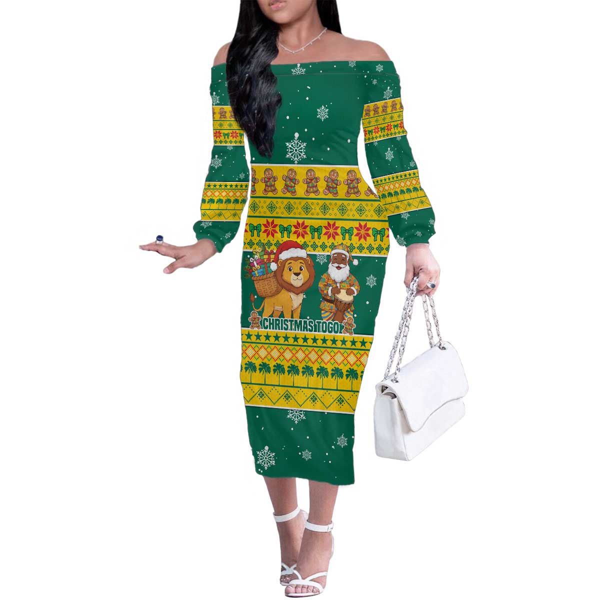 Togo Christmas Family Matching Off The Shoulder Long Sleeve Dress and Hawaiian Shirt with Santa Lion Drummer Gingerbread and National Emblem - Wonder Print Shop