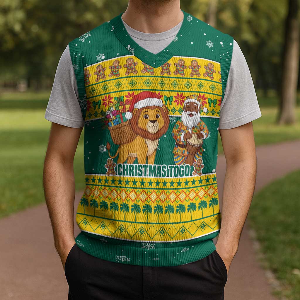 Togo Christmas Knitted V-Neck Vest with Santa Lion Drummer Gingerbread and National Emblem - Wonder Print Shop