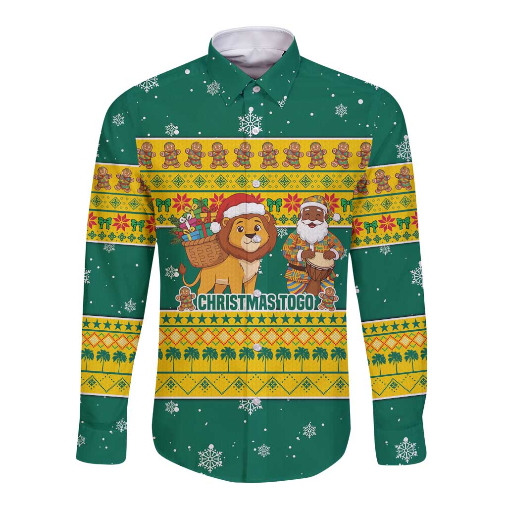 Togo Christmas Long Sleeve Button Shirt with Santa Lion Drummer Gingerbread and National Emblem - Wonder Print Shop