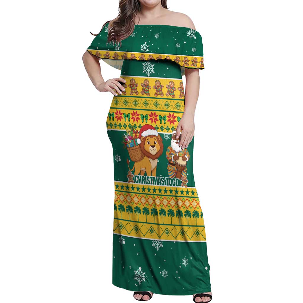 Togo Christmas Off Shoulder Maxi Dress with Santa Lion Drummer Gingerbread and National Emblem - Wonder Print Shop