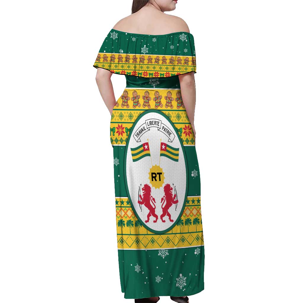 Togo Christmas Off Shoulder Maxi Dress with Santa Lion Drummer Gingerbread and National Emblem - Wonder Print Shop