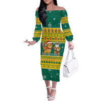 Togo Christmas Off The Shoulder Long Sleeve Dress with Santa Lion Drummer Gingerbread and National Emblem - Wonder Print Shop
