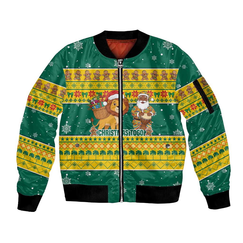 Togo Christmas Sleeve Zip Bomber Jacket with Santa Lion Drummer Gingerbread and National Emblem - Wonder Print Shop