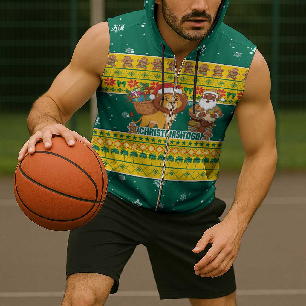 Togo Christmas Sleeveless Zip Hoodie with Santa Lion Drummer Gingerbread and National Emblem - Wonder Print Shop