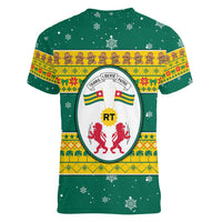 Togo Christmas Women V-Neck T-Shirt with Santa Lion Drummer Gingerbread and National Emblem - Wonder Print Shop