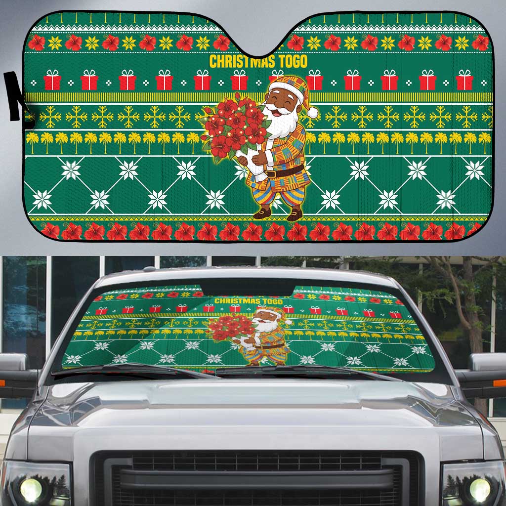 Togo Christmas Auto Sun Shade with Santa Poinsettia Flower Tree Gifts and African Print Pattern - Wonder Print Shop