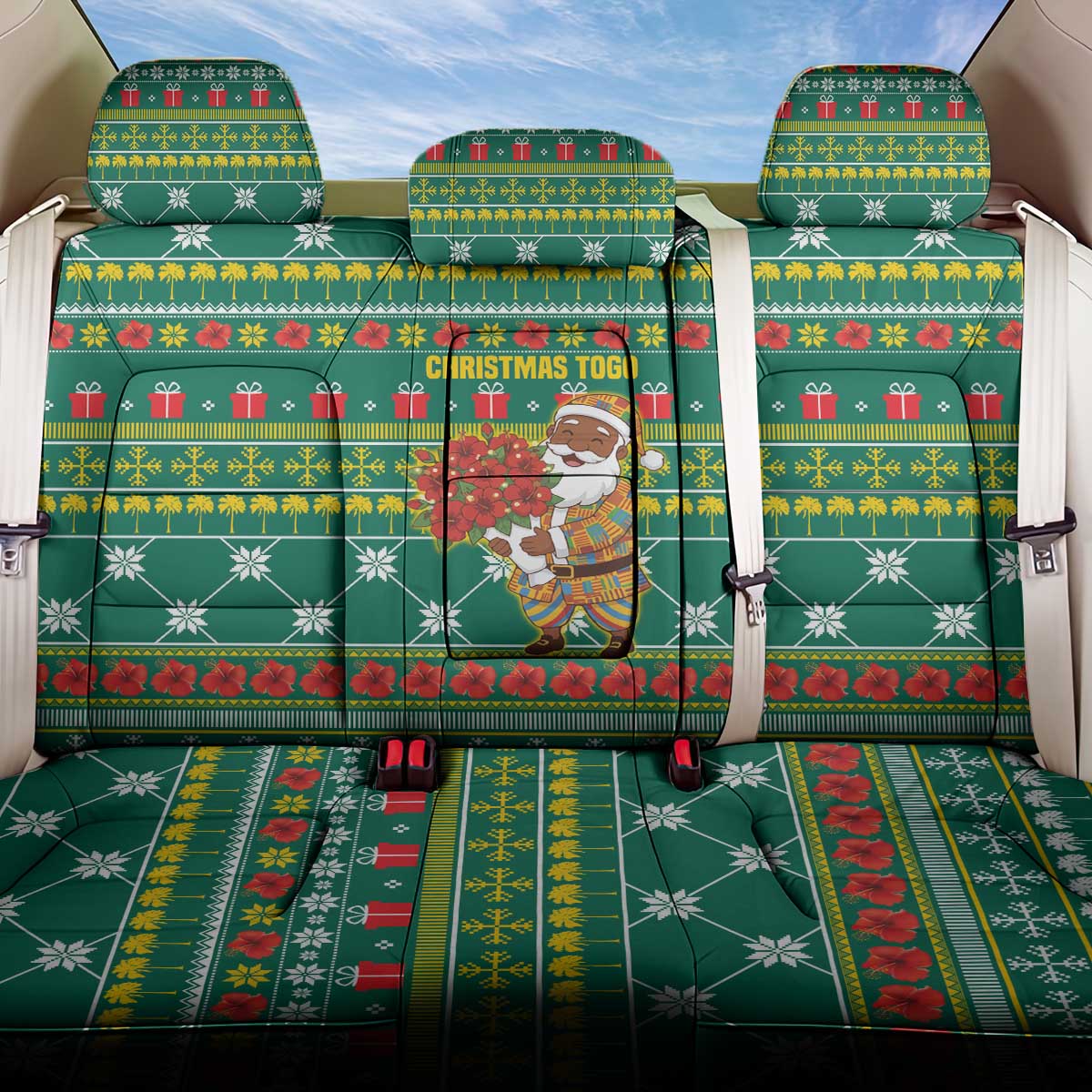 Togo Christmas Back Car Seat Cover with Santa Poinsettia Flower Tree Gifts and African Print Pattern - Wonder Print Shop