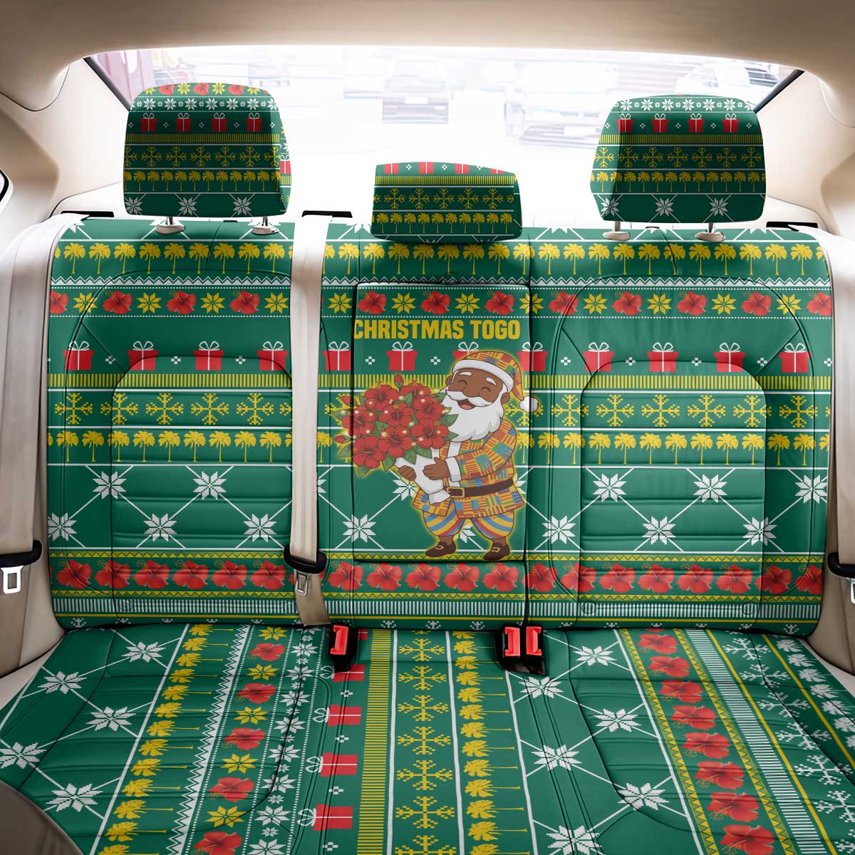 Togo Christmas Back Car Seat Cover with Santa Poinsettia Flower Tree Gifts and African Print Pattern - Wonder Print Shop