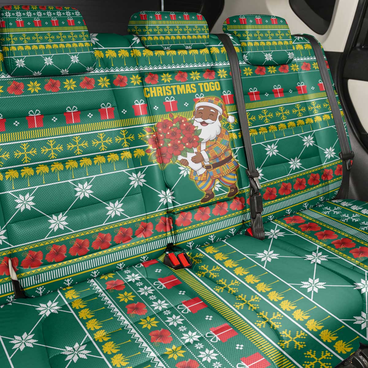 Togo Christmas Back Car Seat Cover with Santa Poinsettia Flower Tree Gifts and African Print Pattern - Wonder Print Shop