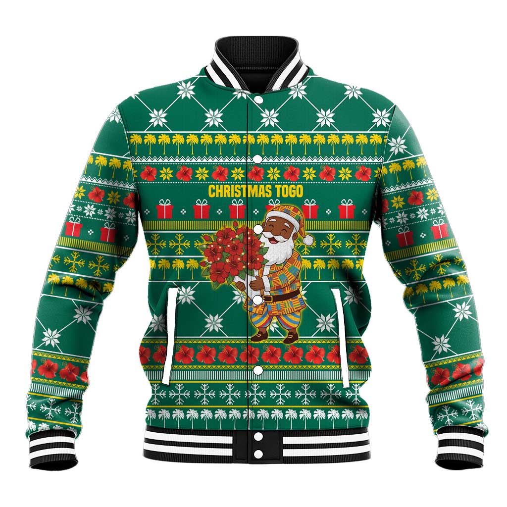 Togo Christmas Baseball Jacket with Santa Poinsettia Flower Tree Gifts and African Print Pattern - Wonder Print Shop